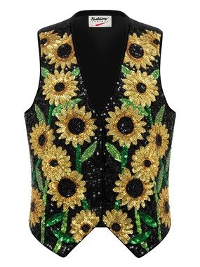 Vintage Fashion Fantasy Sequin Sunflower Vest Sz L Black
